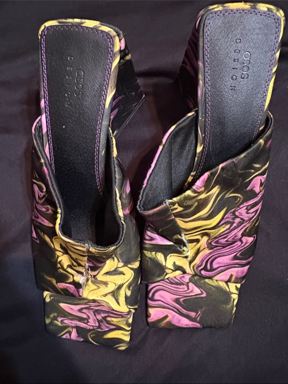 ASOS Black Mules with Pink & Yellow Swirl Square Toe